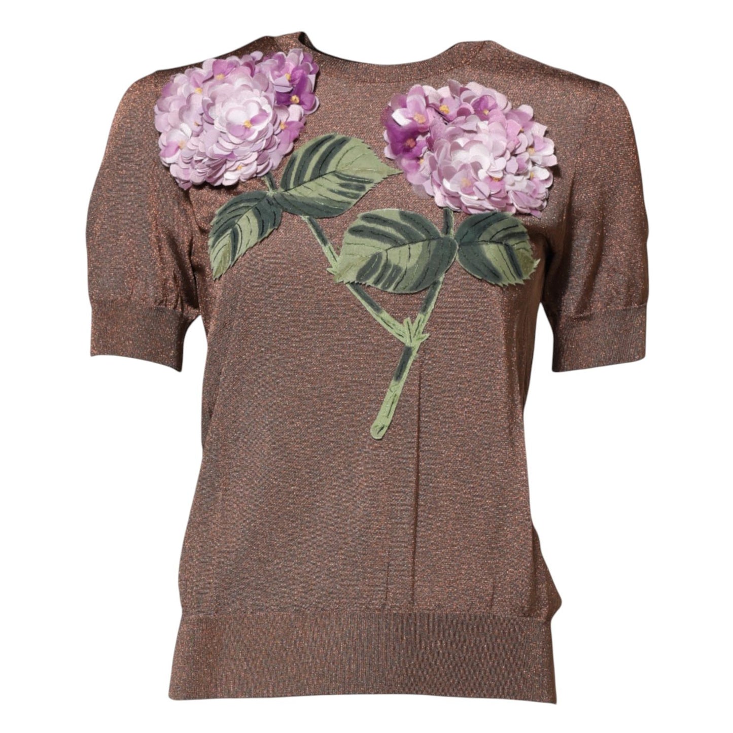 Dolce & Gabbana Brown Lily Embellished Round Neck Blouse Top Dolce & Gabbana