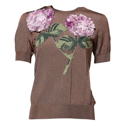 Dolce & Gabbana Brown Lily Embellished Round Neck Blouse Top Dolce & Gabbana