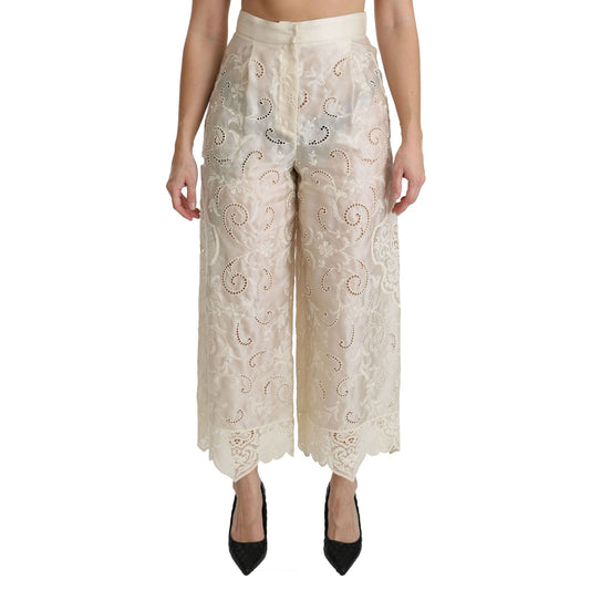 Dolce & Gabbana Cream Lace High Waist Palazzo Cropped Pants Dolce & Gabbana