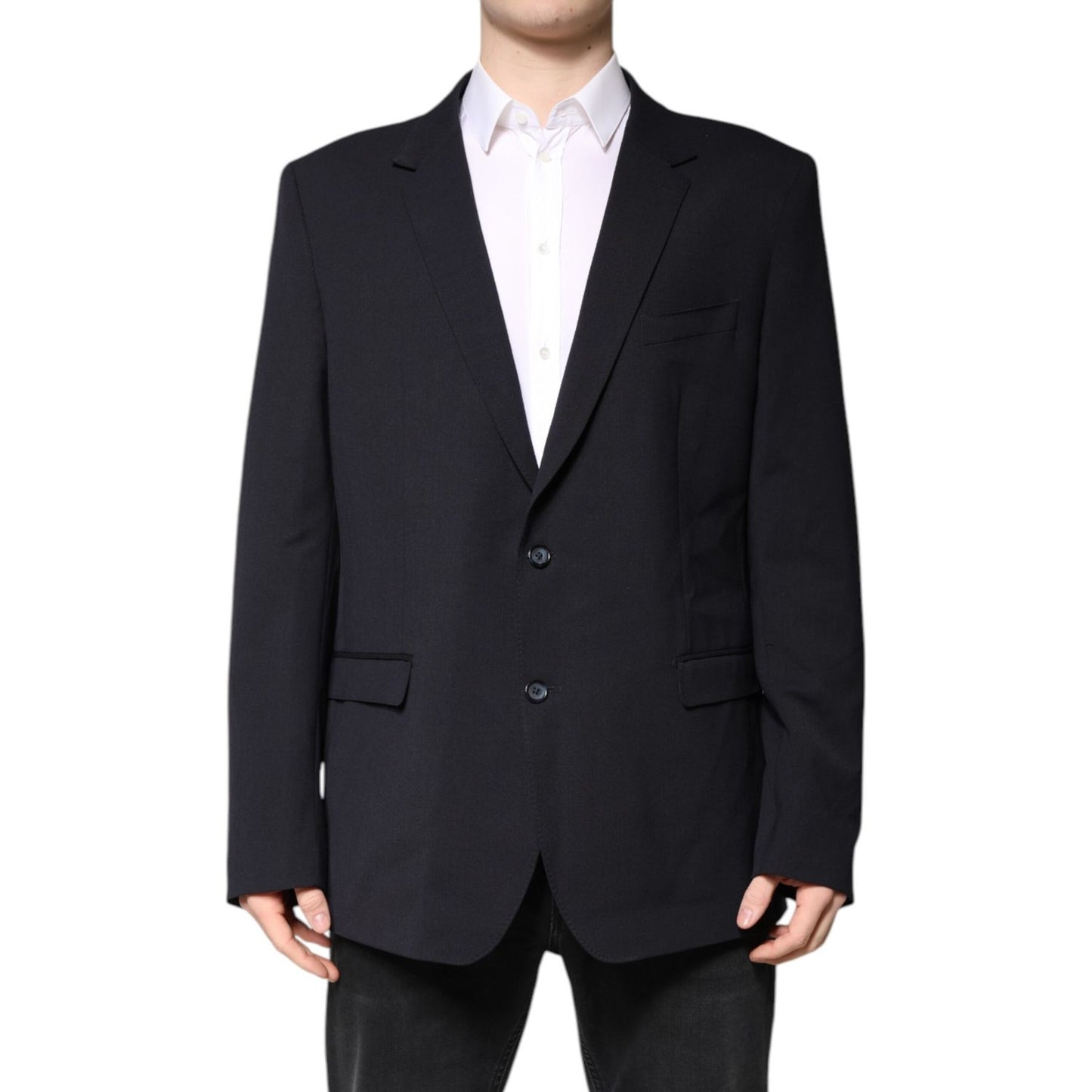 Dolce & Gabbana Dark Blue Wool Single Breasted Coat Blazer Dolce & Gabbana