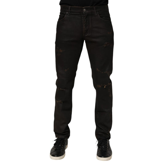 Dolce & Gabbana Dark Brown Tattered Cotton Skinny Denim Jeans Dolce & Gabbana