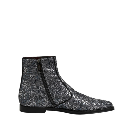 Dolce & Gabbana Dark Gray Cotton Sequined Chelsea Boots Shoes Dolce & Gabbana