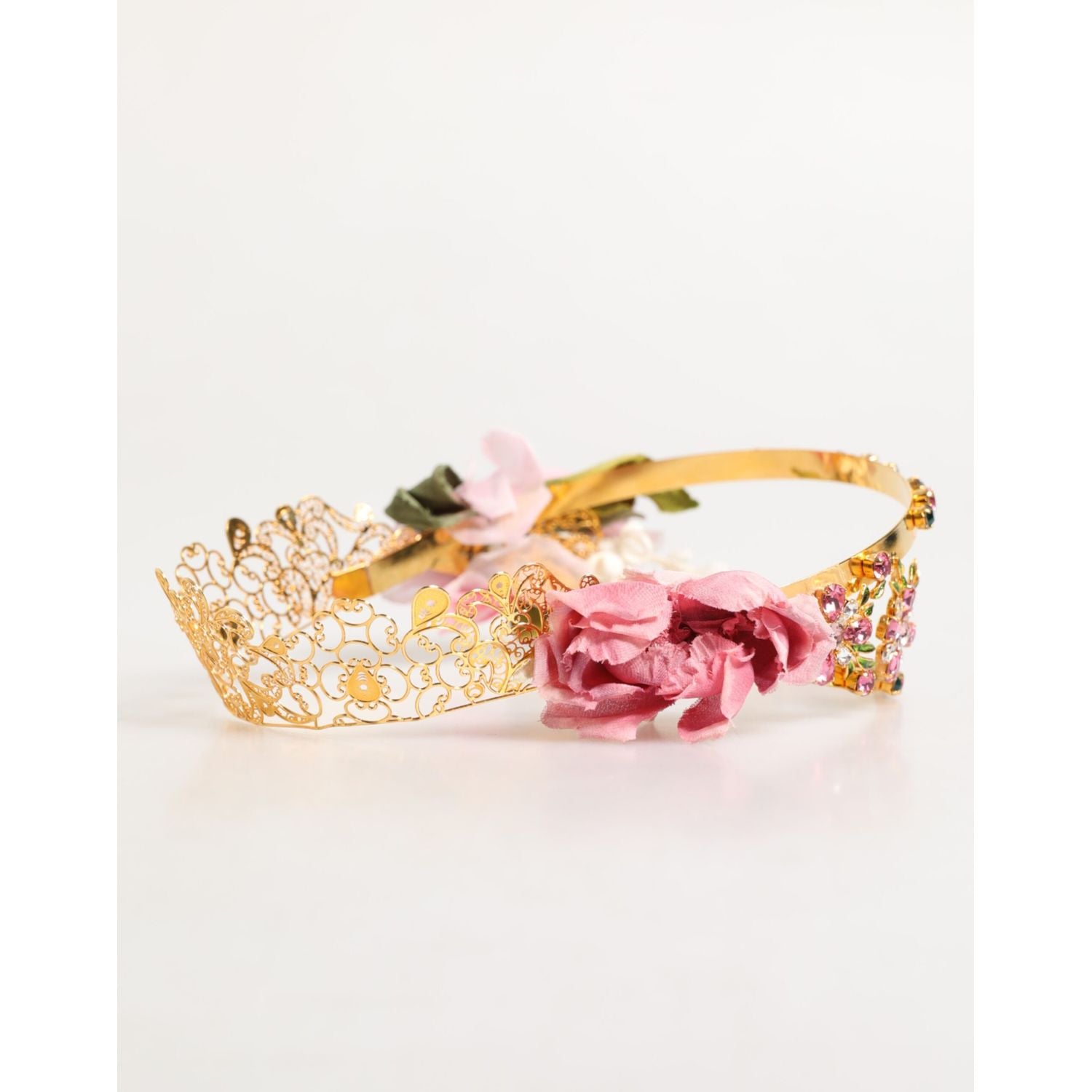 Dolce & Gabbana Gold Floral Tiara Pink Roses Crystal Crown Headband