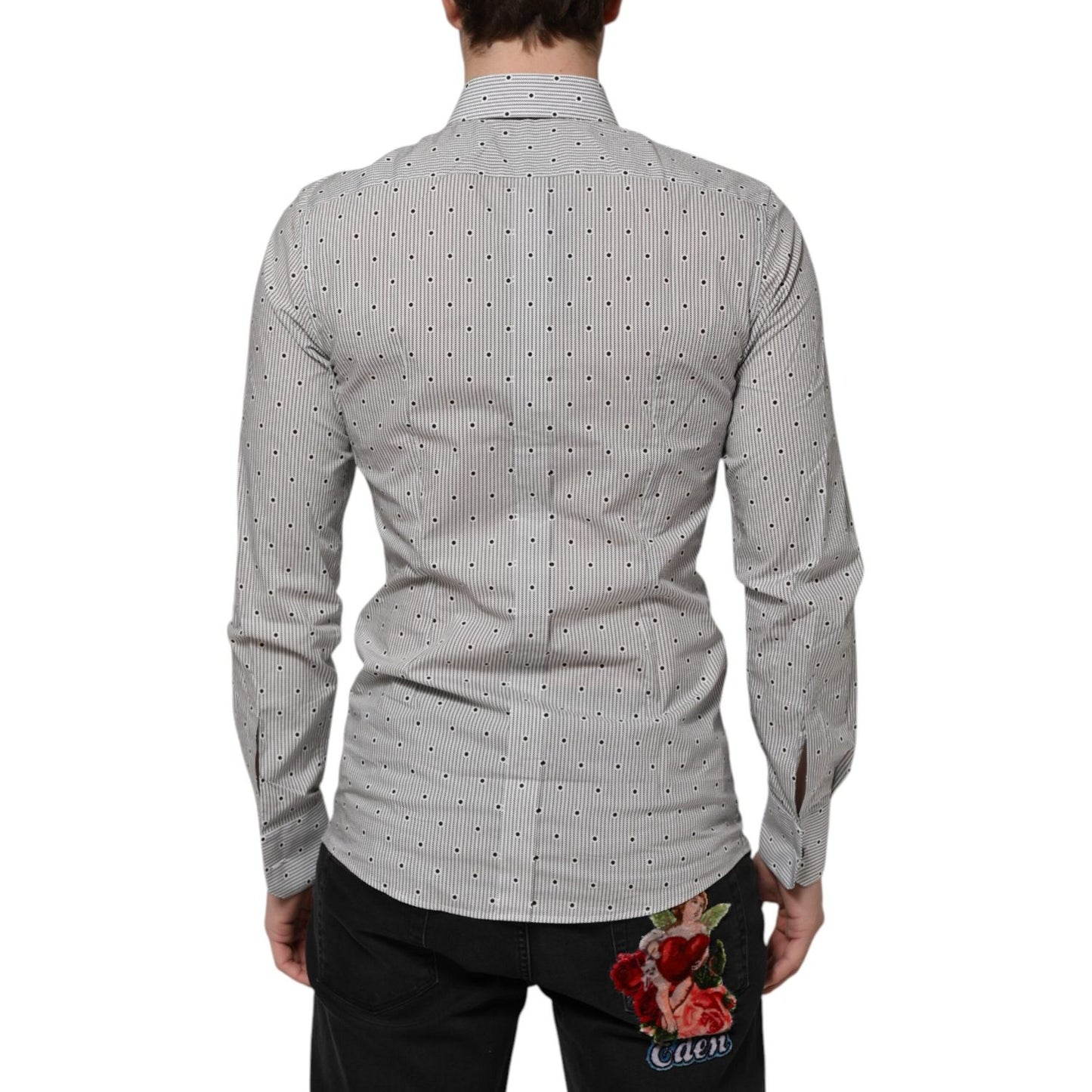 Dolce & Gabbana Gray Dotted Semi Fitted GOLD Men Formal Shirt