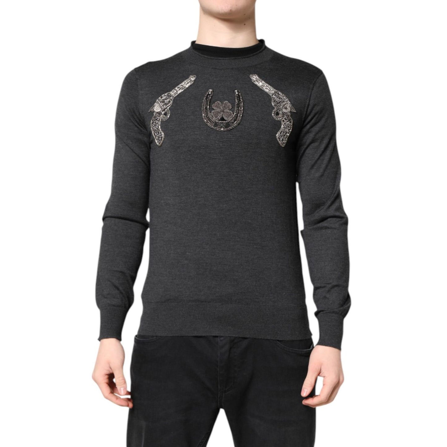 Dolce & Gabbana Gray Embroidery Knit Men Pullover Sweater Dolce & Gabbana