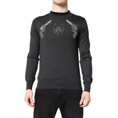 Dolce & Gabbana Gray Embroidery Knit Men Pullover Sweater Dolce & Gabbana