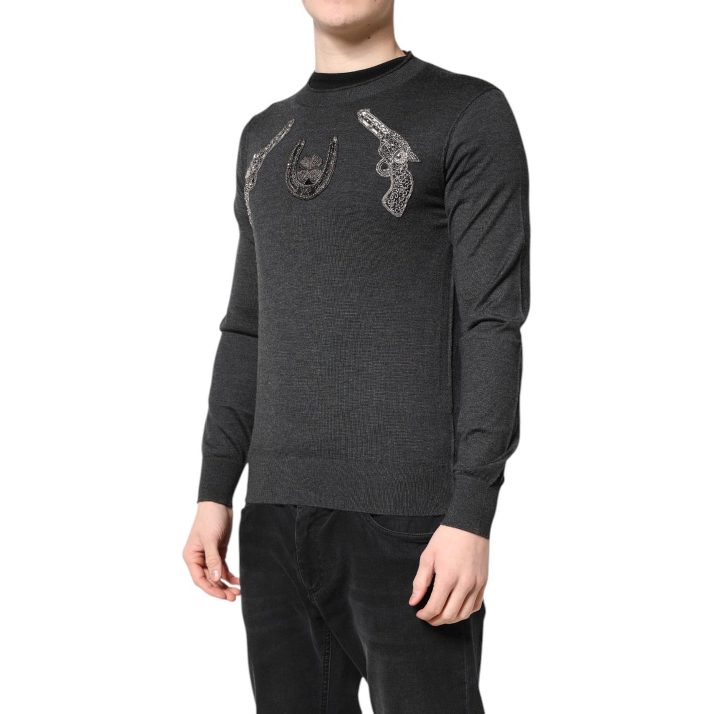 Dolce & Gabbana Gray Embroidery Knit Men Pullover Sweater Dolce & Gabbana