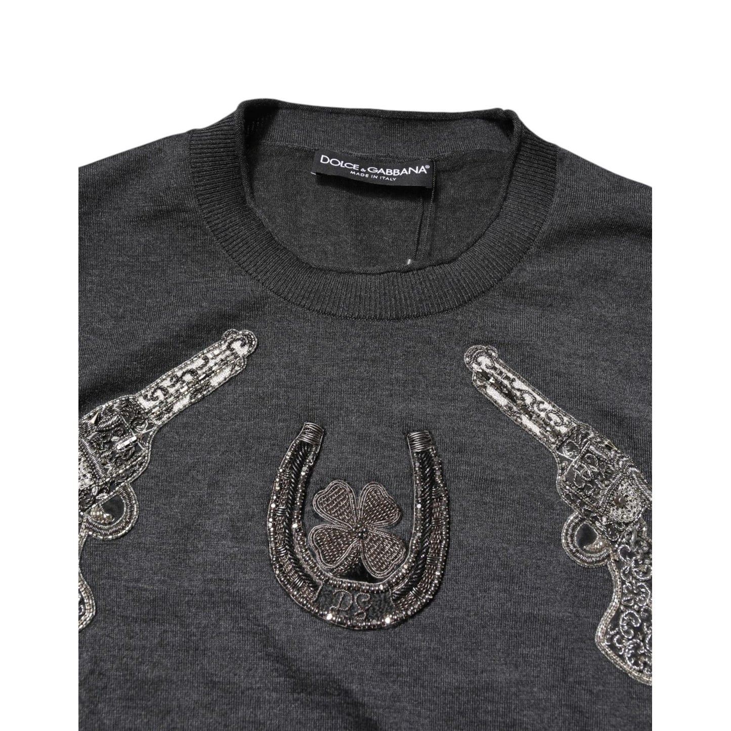 Dolce & Gabbana Gray Embroidery Knit Men Pullover Sweater Dolce & Gabbana