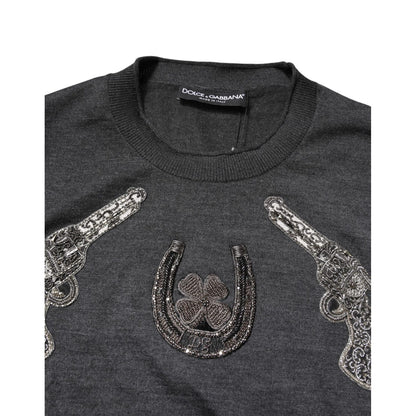 Dolce & Gabbana Gray Embroidery Knit Men Pullover Sweater Dolce & Gabbana