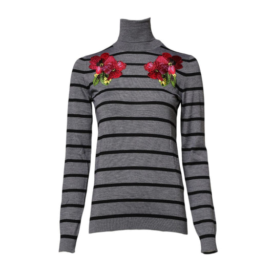 Dolce & Gabbana Gray Floral Embroidery Pullover Sweater Dolce & Gabbana