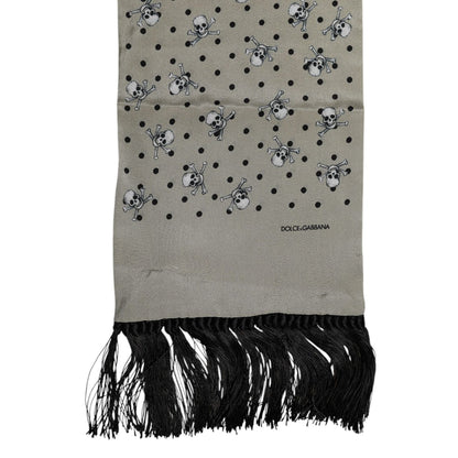 Dolce & Gabbana Gray Skulls Silk Fringes Men Foulard Scarf Dolce & Gabbana