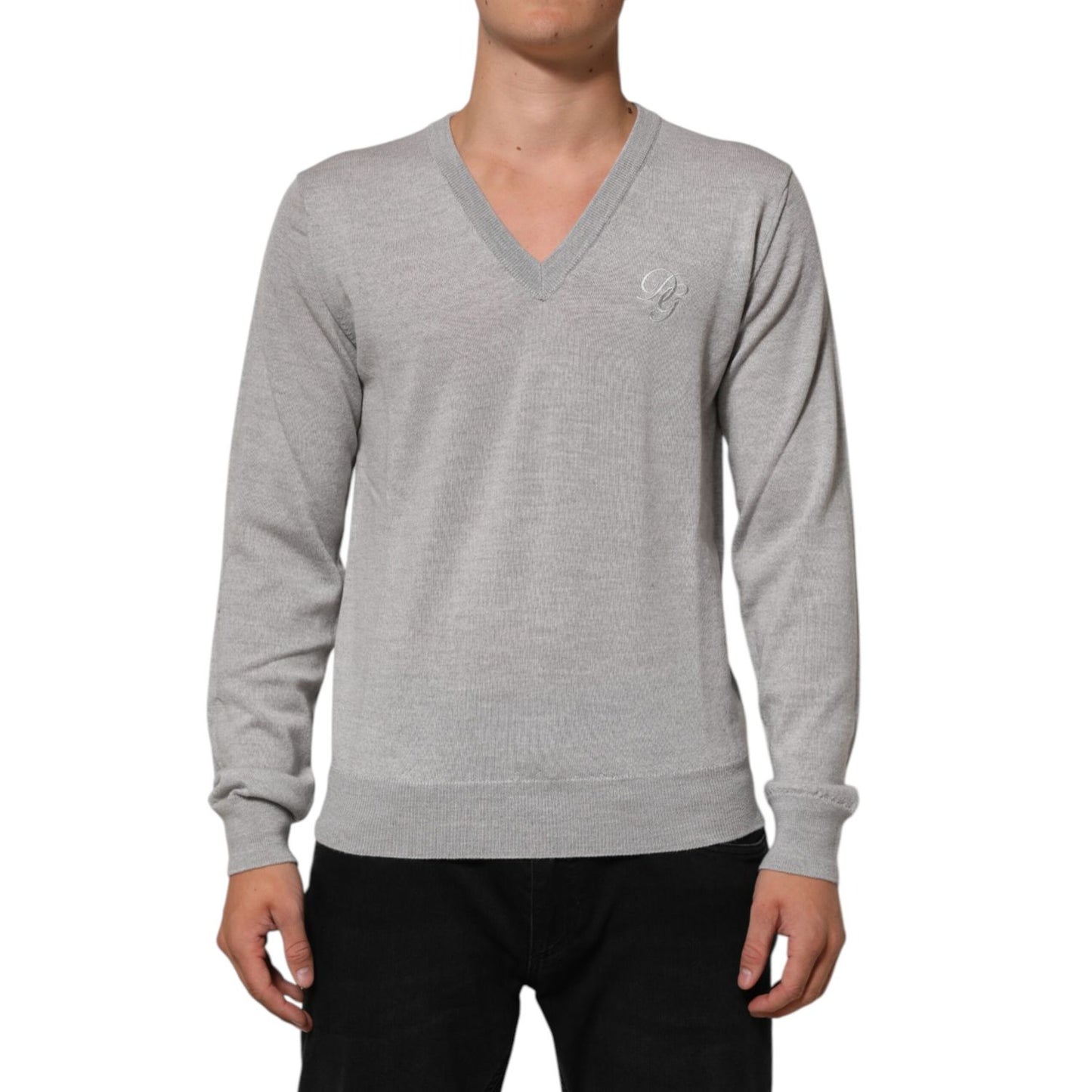 Dolce & Gabbana Gray Wool Knit Logo V-Neck Pullover Sweater