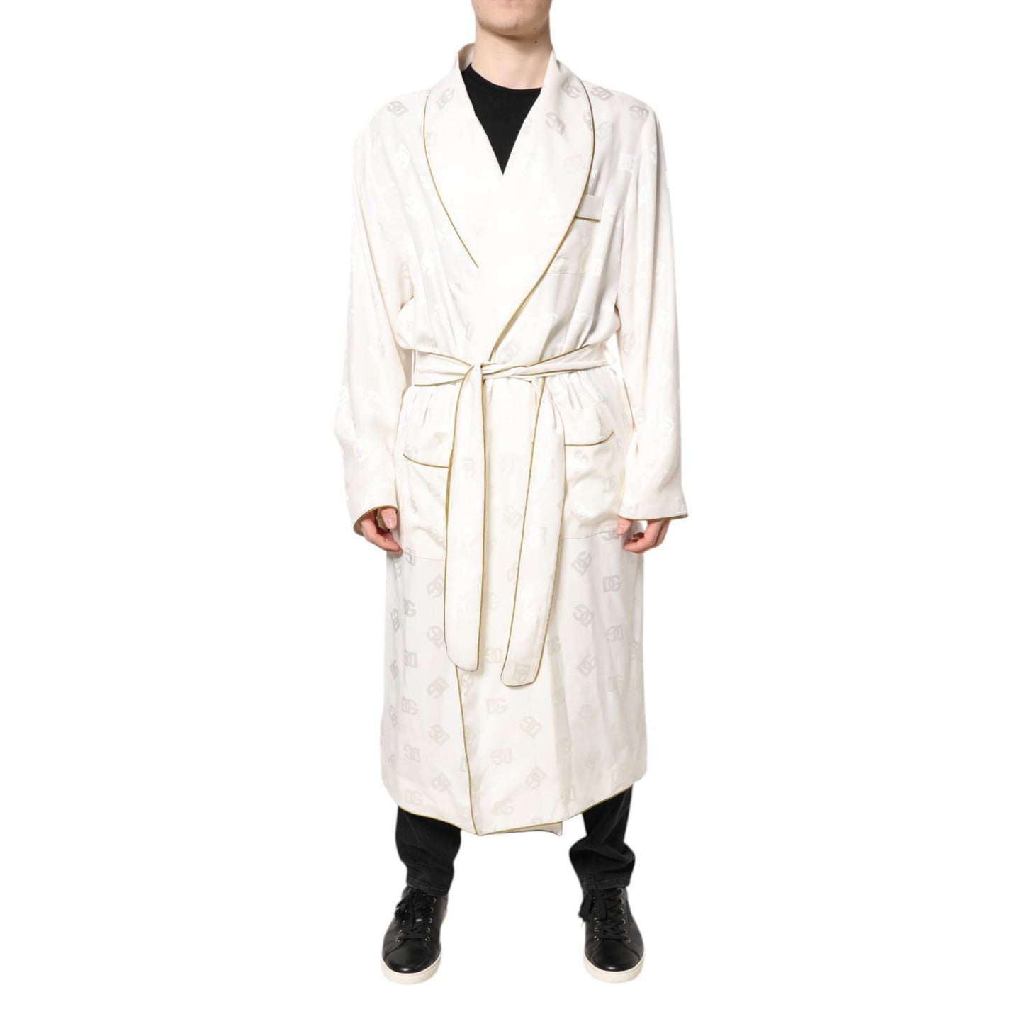 Dolce & Gabbana Ivory Silk Logo Men Wrap Robe Coat Jacket Dolce & Gabbana
