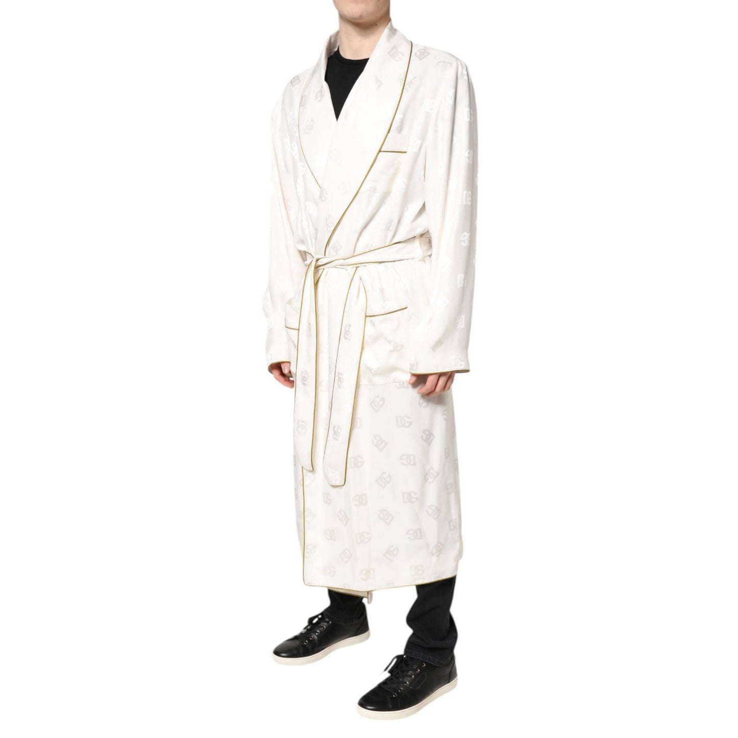 Dolce & Gabbana Ivory Silk Logo Men Wrap Robe Coat Jacket Dolce & Gabbana