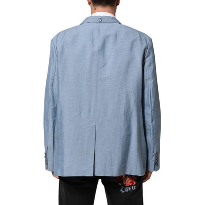Dolce & Gabbana Light Blue Linen Double Breasted Men Jacket Blazer