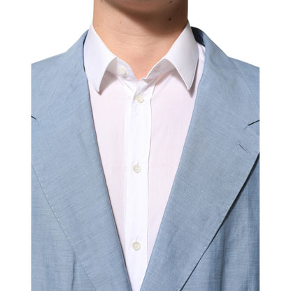 Dolce & Gabbana Light Blue Linen Double Breasted Men Jacket Blazer