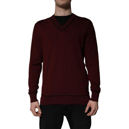 Dolce & Gabbana Maroon Cashmere V-neck Men Pullover Sweater Dolce & Gabbana