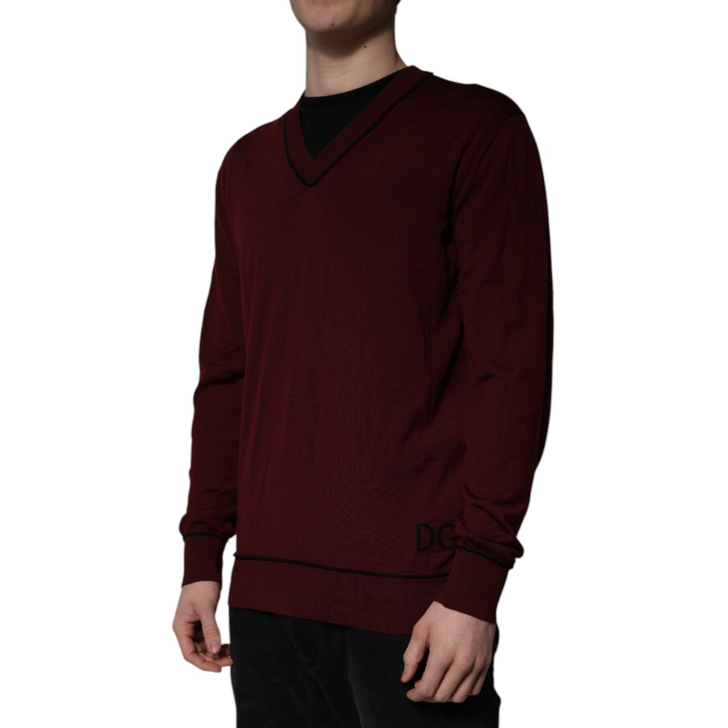 Dolce & Gabbana Maroon Cashmere V-neck Men Pullover Sweater Dolce & Gabbana