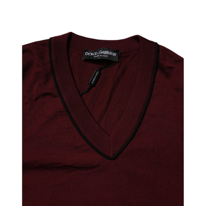 Dolce & Gabbana Maroon Cashmere V-neck Men Pullover Sweater Dolce & Gabbana