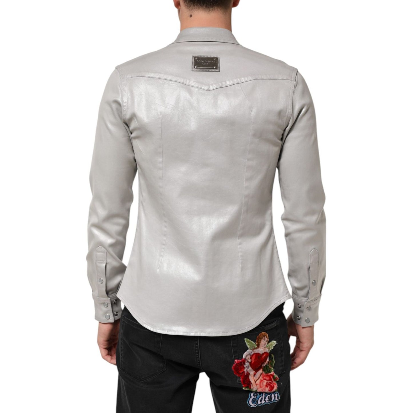 Dolce & Gabbana Metallic Gray Cotton Button Down Men Shirt