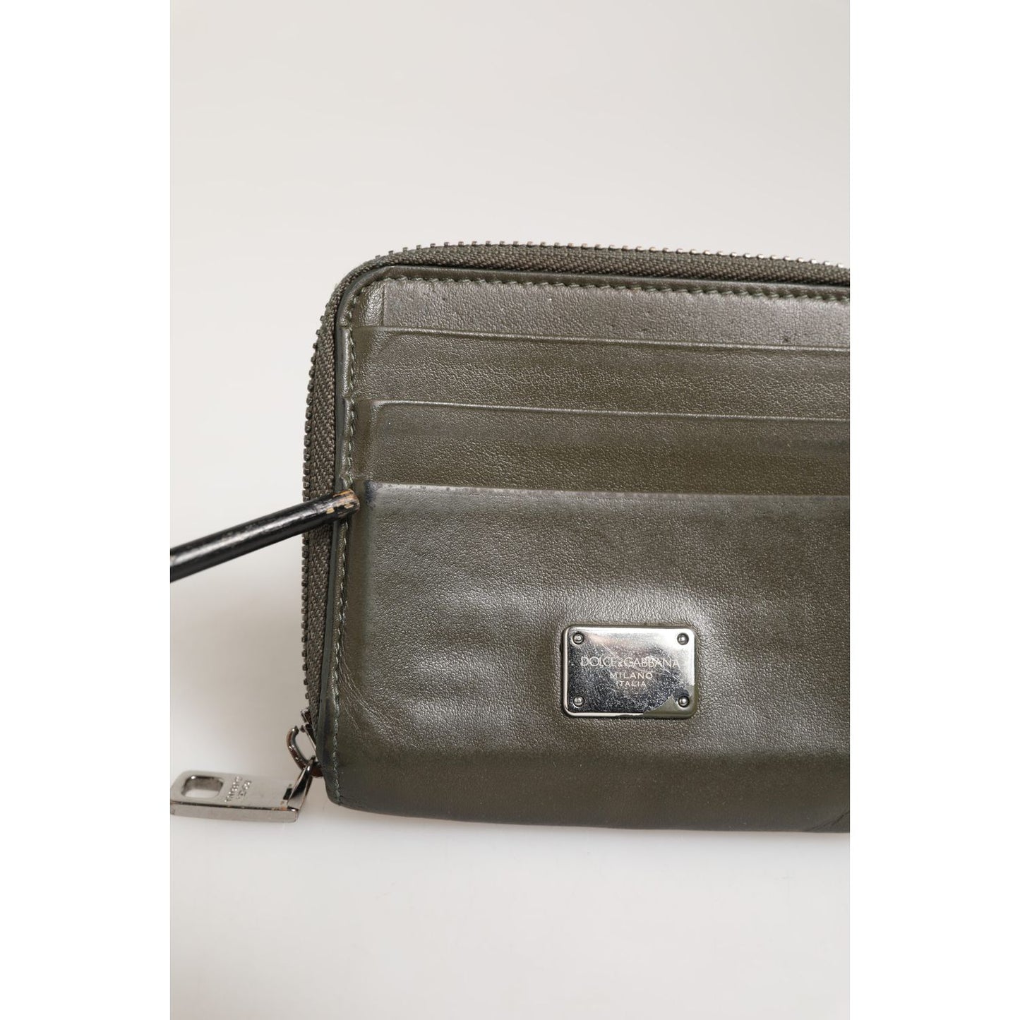 Dolce & Gabbana Military Green Leather Logo Plaque Card Holder Coin Purse Wallet Dolce & Gabbana