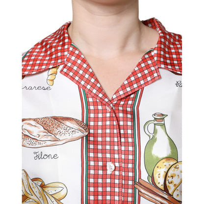 Dolce & Gabbana Multicolor Bread Print Collared Blouse Top 1728,67345645728,Blouses - Shirts - Clothing,Clothing,Dolce & Gabbana,IT44 | L,Material: 100% Silk,Multicolor,Preowned / Defect,Shirts - Clothing,Tops & T-Shirts - Women - Clothing,Women
