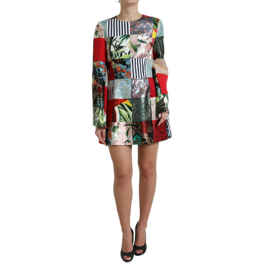 Dolce & Gabbana Multicolor Floral Patchwork Shift Mini Dress 1728,67345645728,Clothing,Cocktail - Dresses - Clothing,Dolce & Gabbana,Dresses - Clothing,Dresses - Women - Clothing,IT44 | L,IT46|XL,Longsleeve - Dresses - Clothing,Material: 42% Polyester 32%