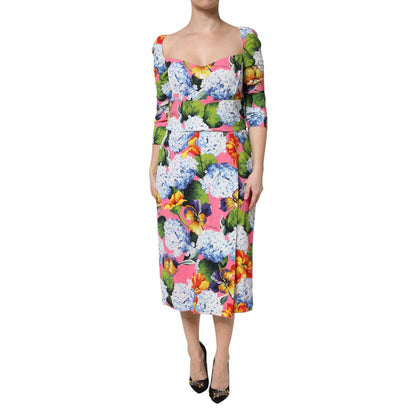 Dolce & Gabbana Multicolor Floral Pleated Sheath Midi Dress Dolce & Gabbana