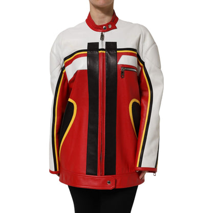 Dolce & Gabbana Multicolor Leather Biker Full Zip Coat Jacket Dolce & Gabbana