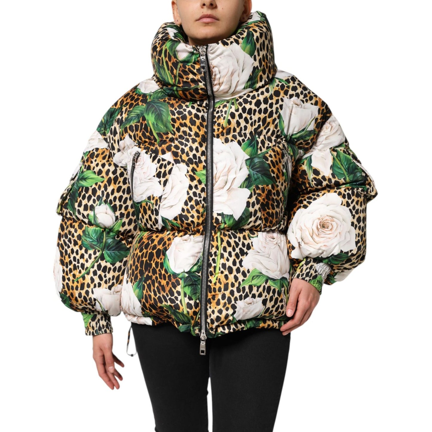 Dolce & Gabbana Multicolor Leopard Rose Puffer Quilted Jacket