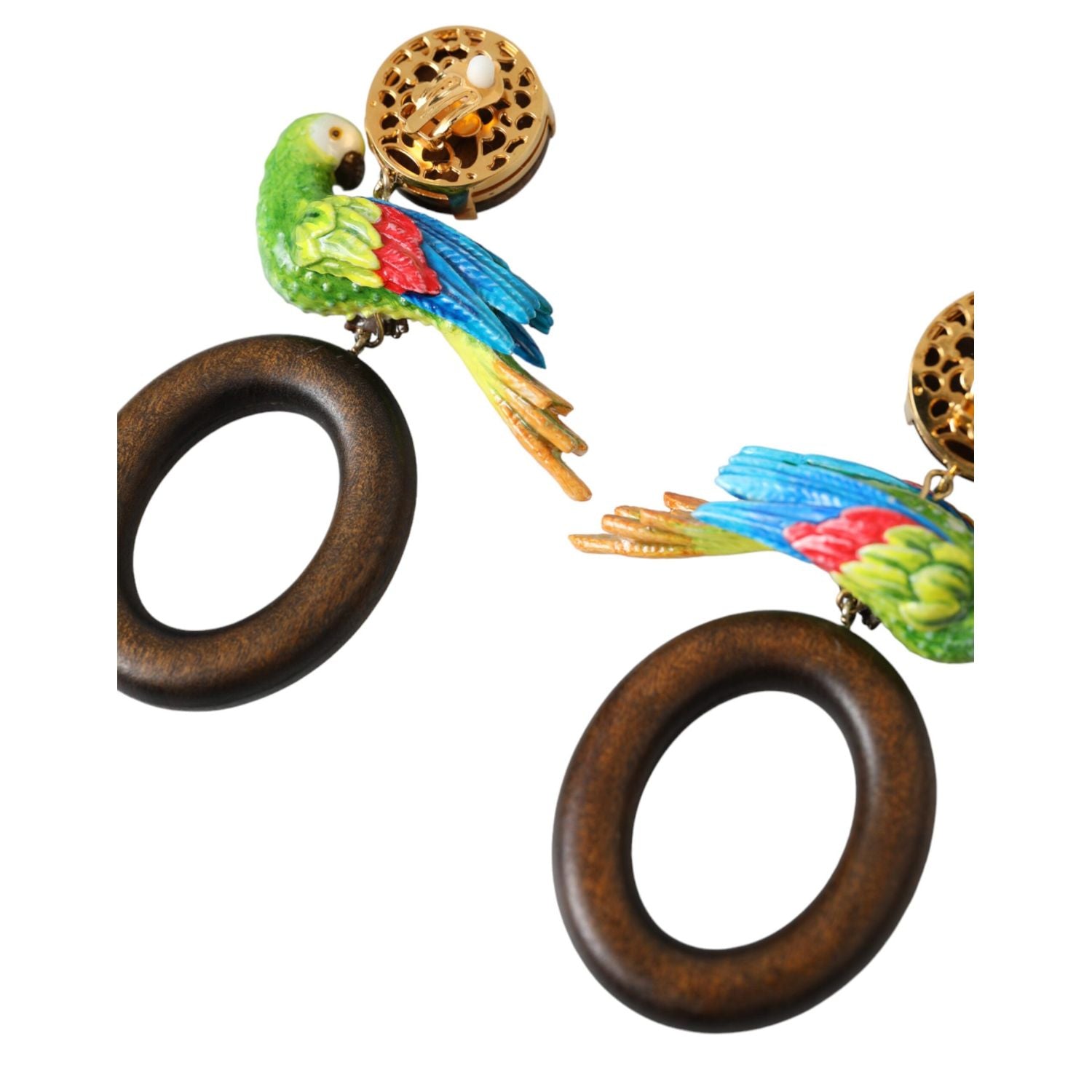Dolce & Gabbana Multicolor Parrot Wood Brass Crystal Embellished Earrings
