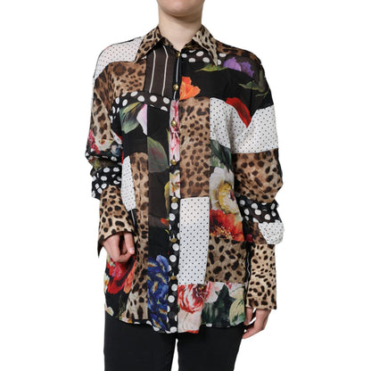 Dolce & Gabbana Multicolor Patchwork Silk Collared Blouse Top 1728,67345645728,Clothing,Dolce & Gabbana,IT40|S,Long Sleeve - T-Shirts - Clothing,Material: 95% Silk 5% Elastane,Multicolor,Preowned / Defect,T-Shirts - Clothing,Tops & T-Shirts - Women - Clot