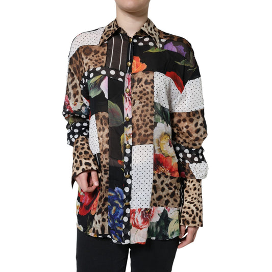 Dolce & Gabbana Multicolor Patchwork Silk Collared Blouse Top 1728,67345645728,Clothing,Dolce & Gabbana,IT40|S,Long Sleeve - T-Shirts - Clothing,Material: 95% Silk 5% Elastane,Multicolor,Preowned / Defect,T-Shirts - Clothing,Tops & T-Shirts - Women - Clot