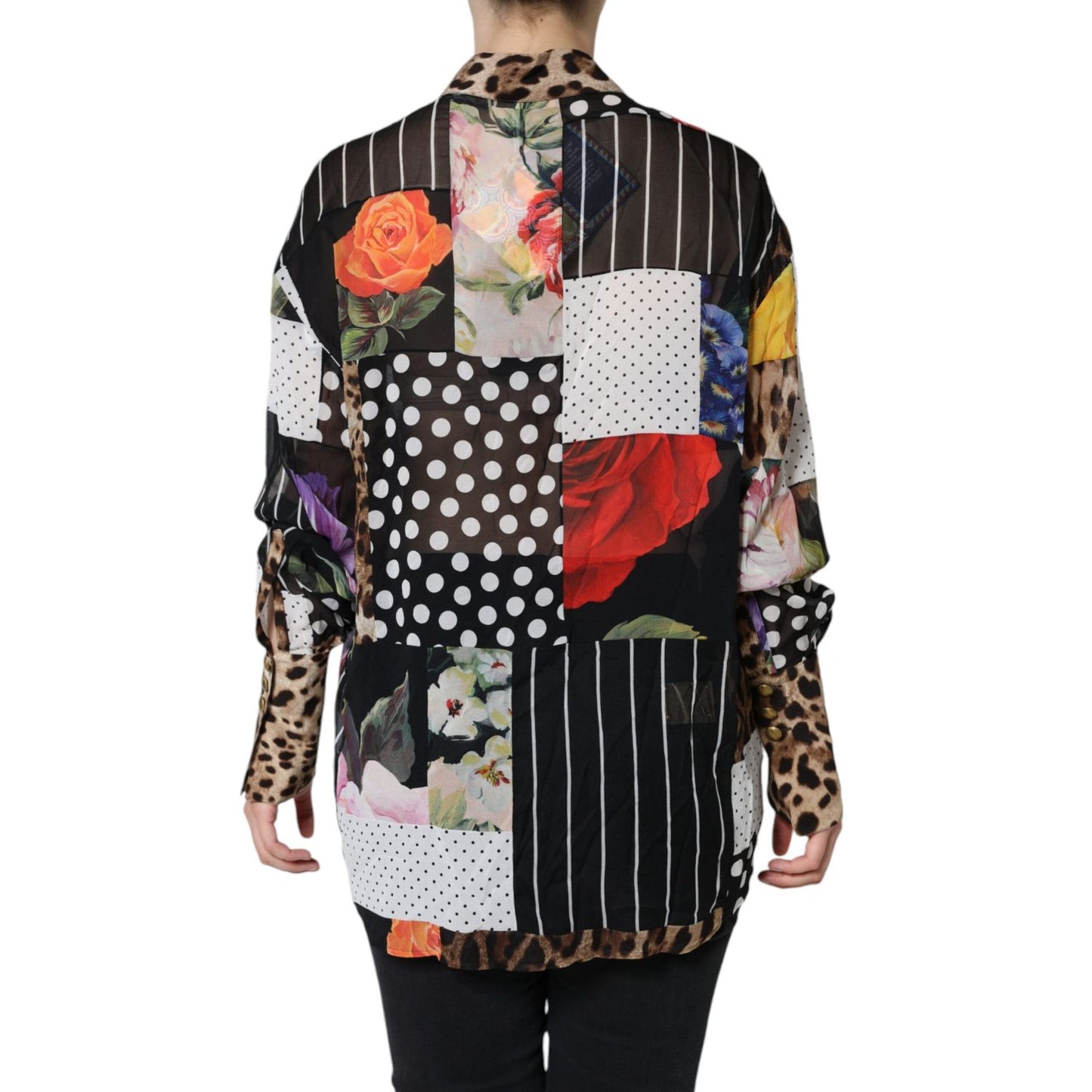 Dolce & Gabbana Multicolor Patchwork Silk Collared Blouse Top 1728,67345645728,Clothing,Dolce & Gabbana,IT40|S,Long Sleeve - T-Shirts - Clothing,Material: 95% Silk 5% Elastane,Multicolor,Preowned / Defect,T-Shirts - Clothing,Tops & T-Shirts - Women - Clot