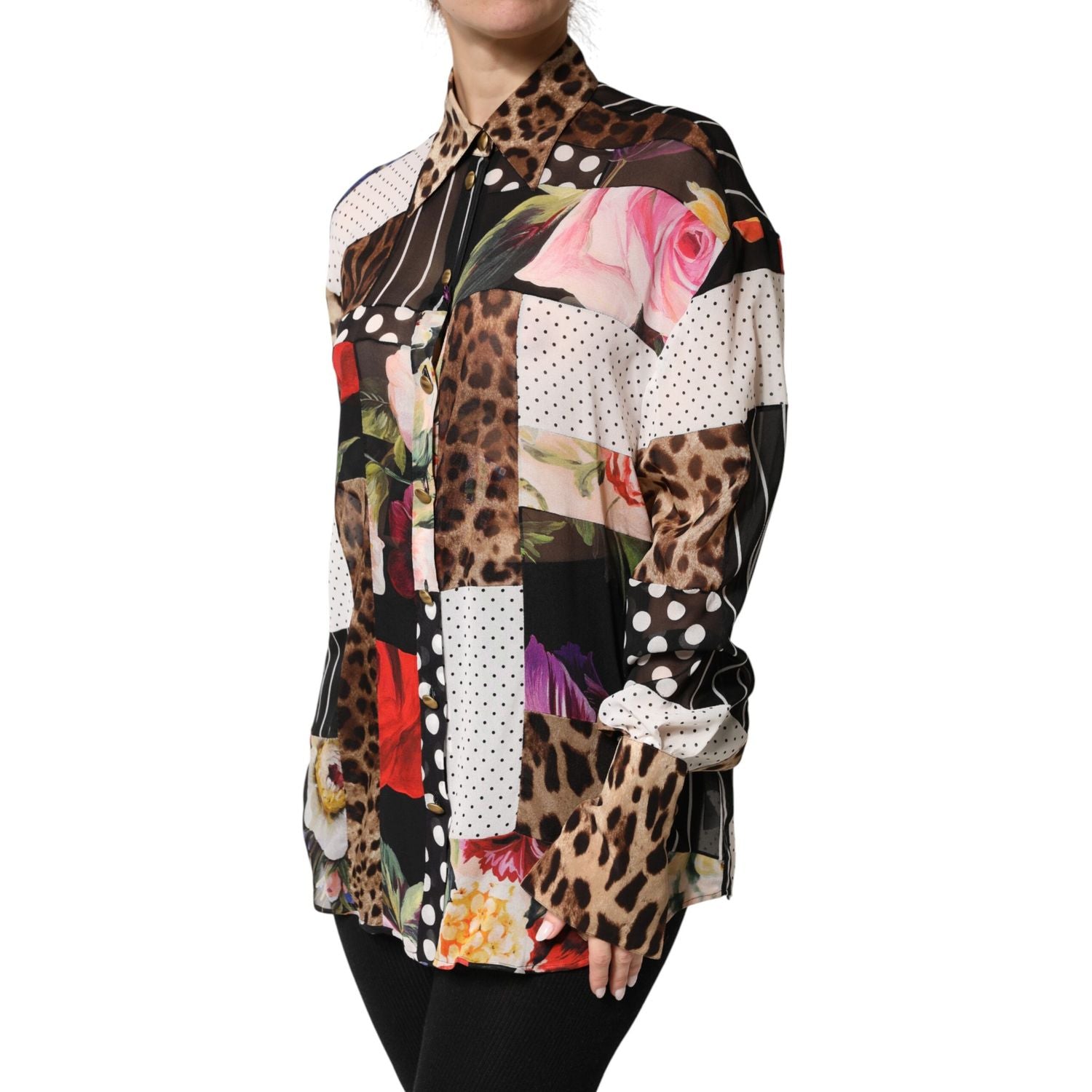 Dolce & Gabbana Multicolor Patchwork Silk CollaredBlouse Top