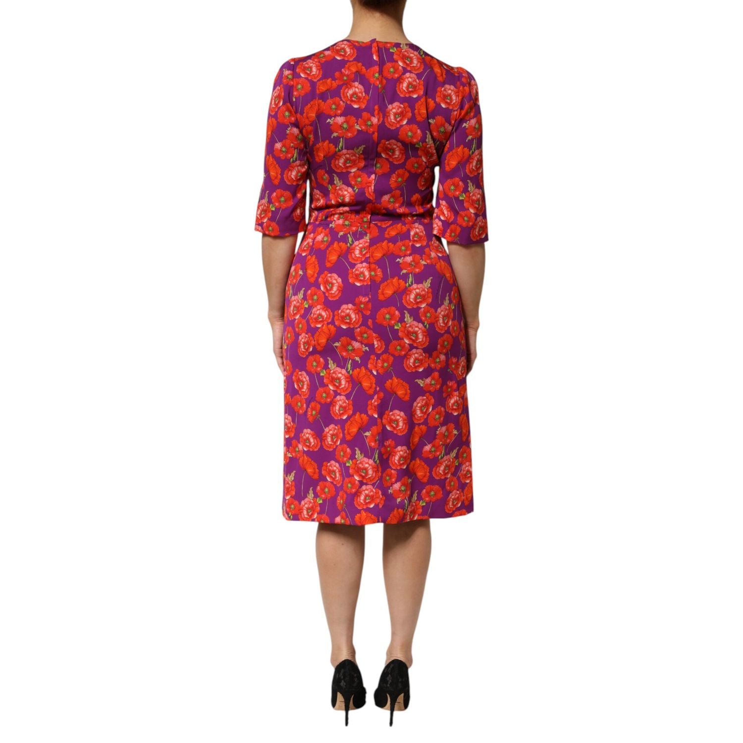 Dolce & Gabbana Purple Silk Floral Print Midi Sheath Dress