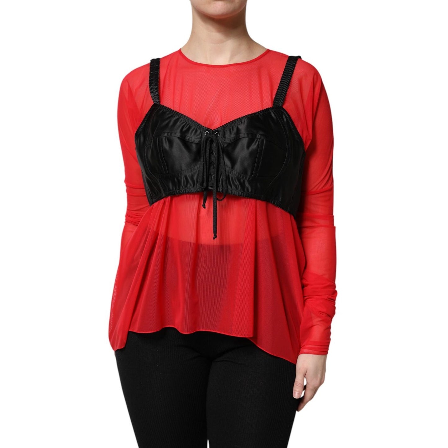 Dolce & Gabbana Red Black Bustier Detailing Long Sleeves Top Dolce & Gabbana