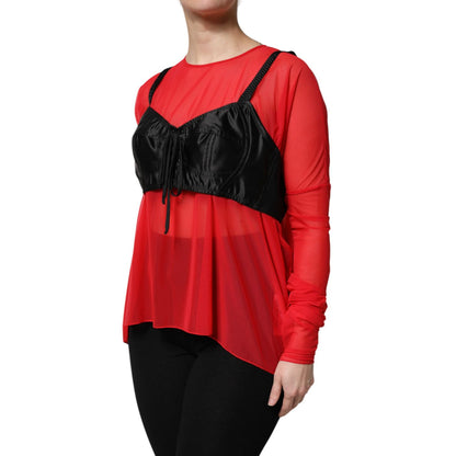 Dolce & Gabbana Red Black Bustier Detailing Long Sleeves Top Dolce & Gabbana