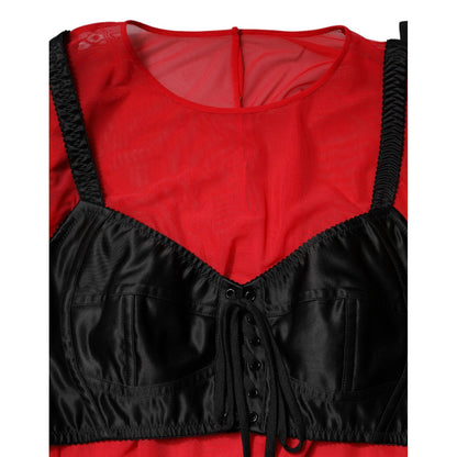 Dolce & Gabbana Red Black Bustier Detailing Long Sleeves Top Dolce & Gabbana