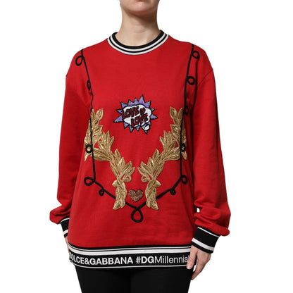 Dolce & Gabbana Red Cotton Queen Sequined Pullover Sweater Dolce & Gabbana