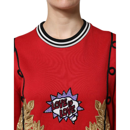 Dolce & Gabbana Red Cotton Queen Sequined Pullover Sweater Dolce & Gabbana