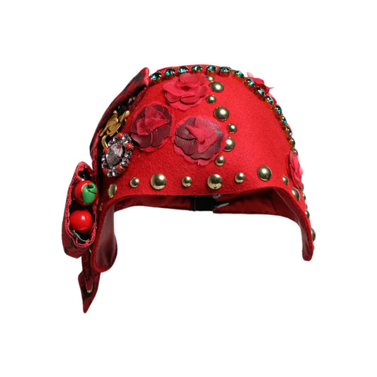 Dolce & Gabbana Red Crystal Gold Roses Brooch Embellished Hat1728,67345645728,Accessories,Dolce & Gabbana,Hat - Women - Accessories,Hats - Accessories,Material: 60% Wool 13% Cotton 9% Viscose 8% Acetate 4% Polyester 4% Nylon 2% Silk,New with tags,Red,Sunh
