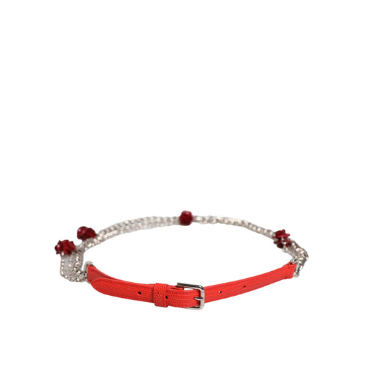 Dolce & Gabbana Red Leather Silver Chain Floral Cintura Belt