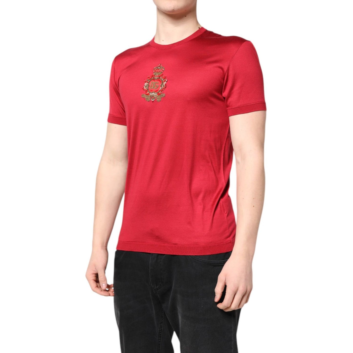 Dolce & Gabbana Red Silk DG Crown Logo Short Sleeve T-shirt
