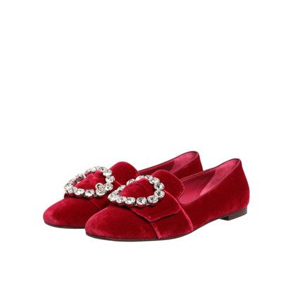 Dolce & Gabbana Red Velvet Crystal Buckle Loafers Flats Shoes Dolce & Gabbana