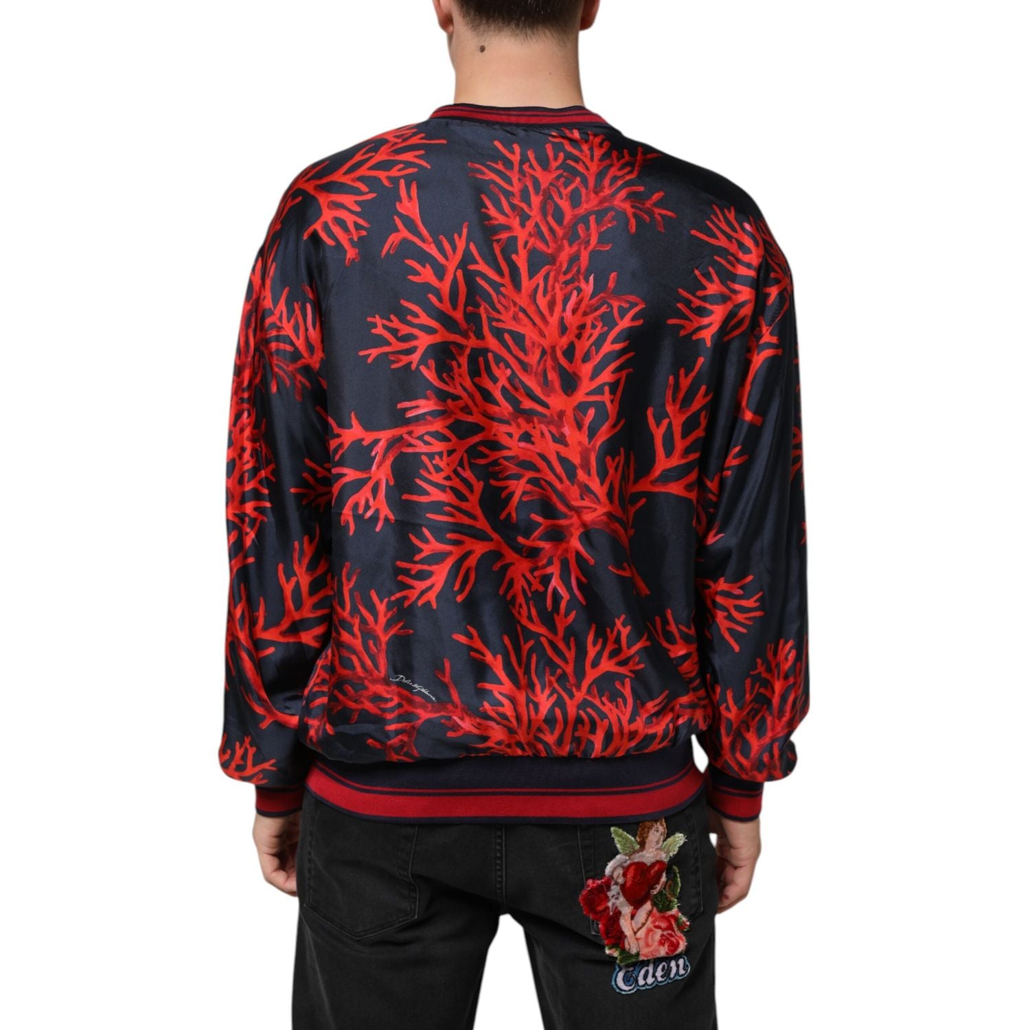 Dolce & Gabbana Silk Navy Red Coral Print Pullover Sweater
