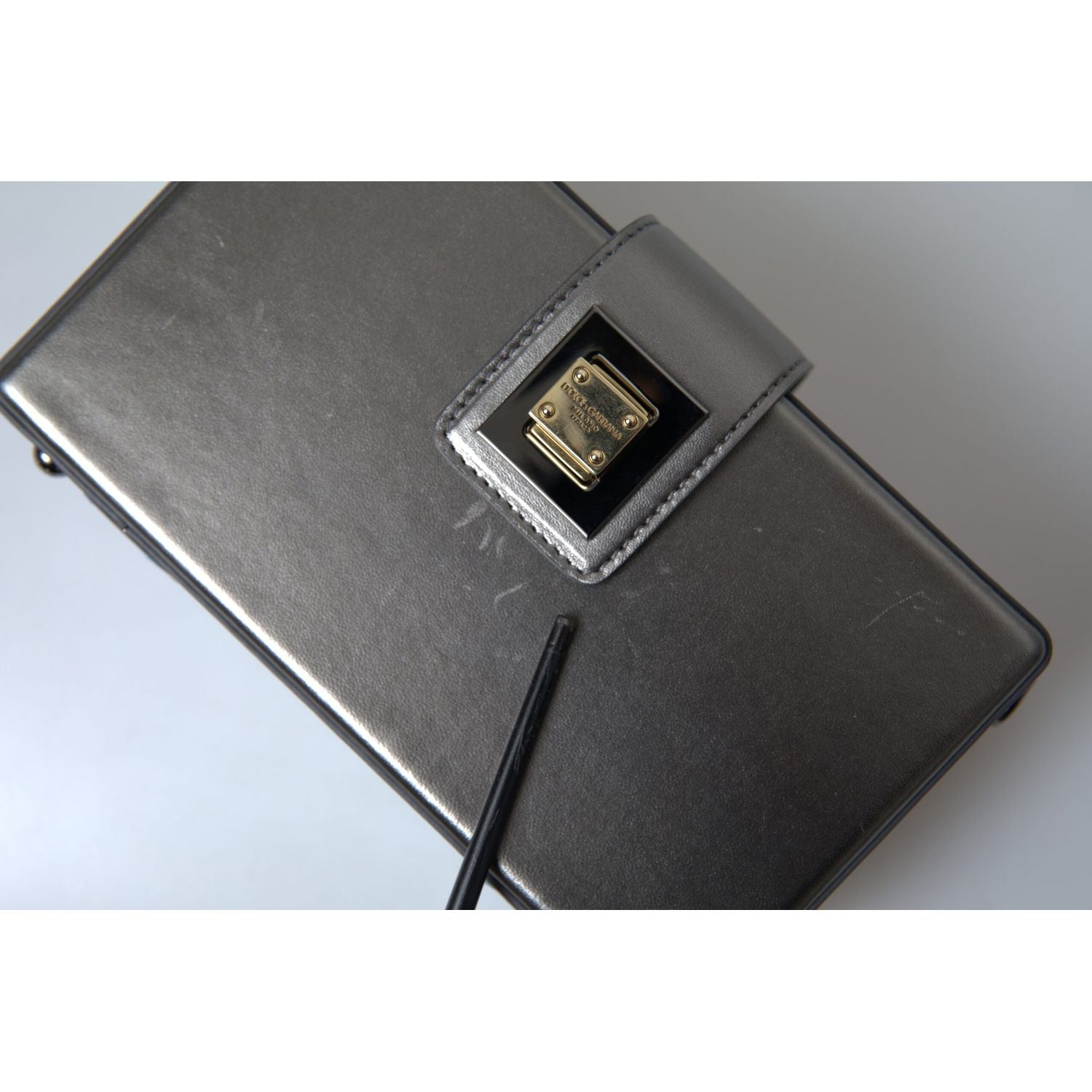 Dolce & Gabbana Steel Gray Leather Box Shape Shoulder Gold DG Logo Plaque Bag