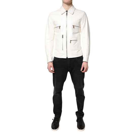 Dolce & Gabbana White Collared Full Zip Biker Coat Jacket Dolce & Gabbana
