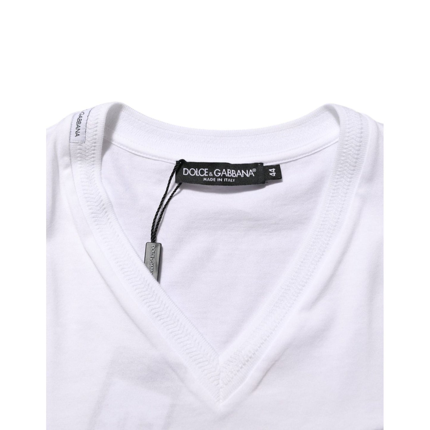 Dolce & Gabbana White Cotton Logo Patch V-neck Tee T-shirt