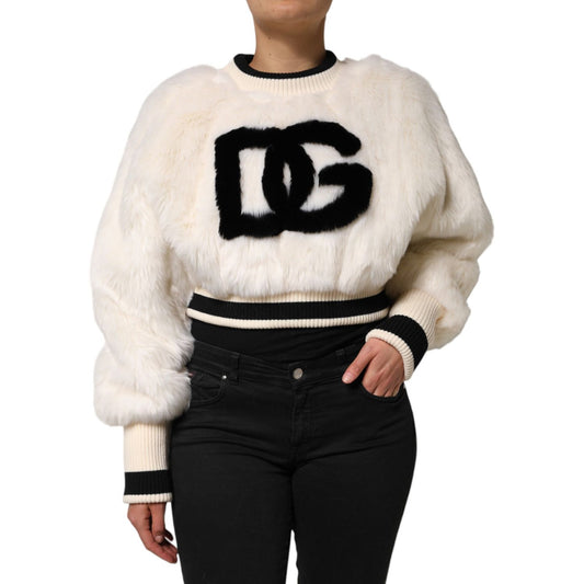 Dolce & Gabbana White Cropped Faux Fur DG Sweatshirt Sweater Dolce & Gabbana